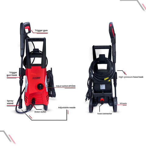 Front and back view of Electric Pressure Washer 1950 PSI 1.45 GPM with adjustable nozzle for patios, cars, homes, driveways, 12.8 Amp