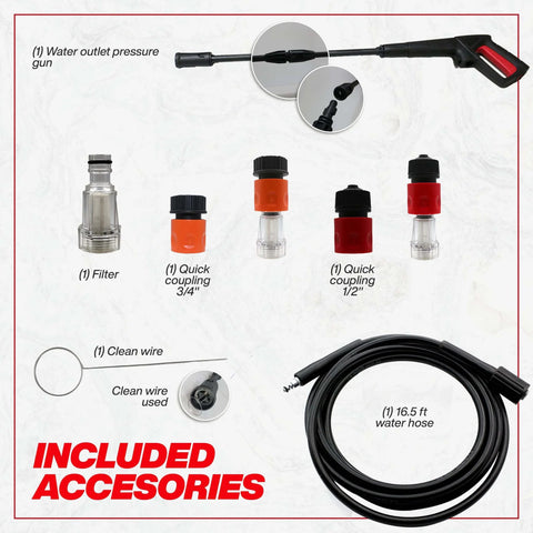 Included accessories for Electric Pressure Washer 1950 PSI 1.45 GPM With Adjustable Nozzle For Patios Cars Homes Driveways 12.8 Amp.