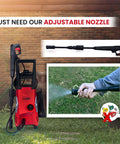 Electric Pressure Washer 1950 PSI 1.45 GPM With Adjustable Nozzle for cleaning patios and cars, showing spray nozzle and water action.