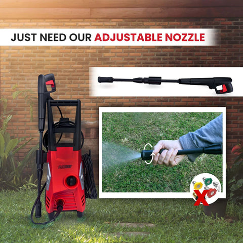 Electric Pressure Washer 1950 PSI 1.45 GPM With Adjustable Nozzle for cleaning patios and cars, showing spray nozzle and water action.