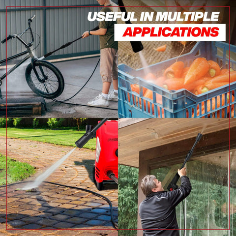 Electric Pressure Washer 1950 PSI 1.45 GPM With Adjustable Nozzle cleaning bike, vegetables, driveway, and windows