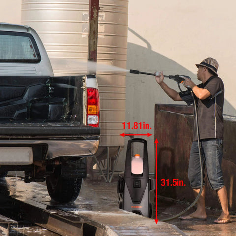 Man using 1300 PSI Electric Pressure Washer With Aluminum Pump 135 Bar For Cars Patio And Outdoor Cleaning on a truck
