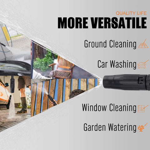 1300 PSI Electric Pressure Washer With Aluminum Pump 135 Bar shown for versatile cleaning tasks including car washing and patio cleaning.