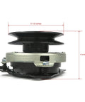 Side view of Electric Clutch Replacement for Craftsman174509, 140923 showing dimensions, with black pulley and wiring harness.