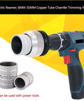 Electric Reamer For Copper Tubes 6mm To 35mm Chamfer Deburr Tool shown with power drill attachment and chamfering heads