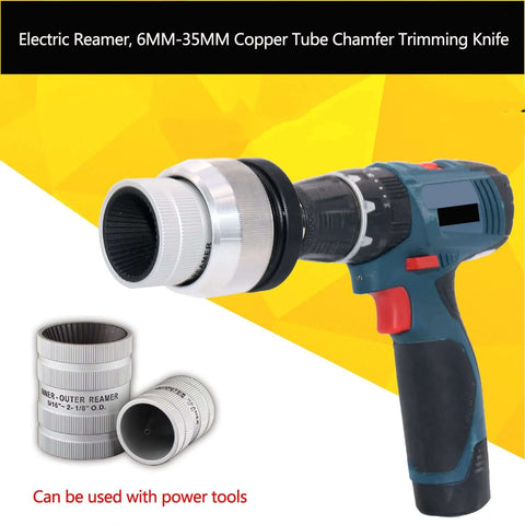 Electric Reamer For Copper Tubes 6mm To 35mm Chamfer Deburr Tool shown with power drill attachment and chamfering heads