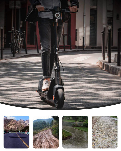 Person riding a scooter with 9.5 x 2.50 Off-Road Tire in urban setting, showcasing its use on various terrains like roads and trails.