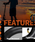 Heavy Duty 10x2.50 Inner Tube (2-Pack) for Electric Scooters in silhouette with wear resistance and tightness features highlighted.