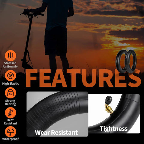 Heavy Duty 10x2.50 Inner Tube (2-Pack) for Electric Scooters in silhouette with wear resistance and tightness features highlighted.