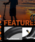 Promotional image for 10x2.125 Inner Tube (2-Pack) for Electric Scooters showcasing wear resistance and tightness features with sunset background.