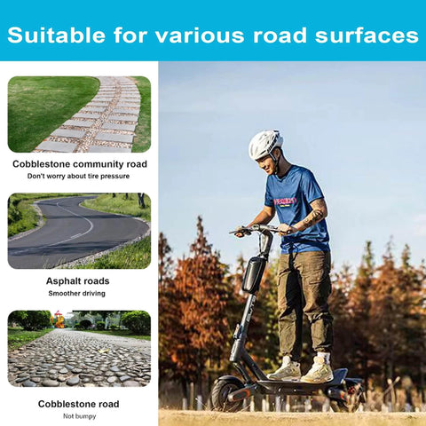 Solid Tires 8.5x2 Inches for Electric Scooter shown on cobblestone and asphalt roads, used by a rider wearing a helmet.