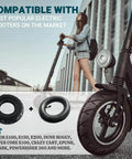 Woman standing beside electric scooter with 200X50 / 8" X 2" | 2 Tire & 2 Inner Tube Set, compatible with E100, E150, E200 models.