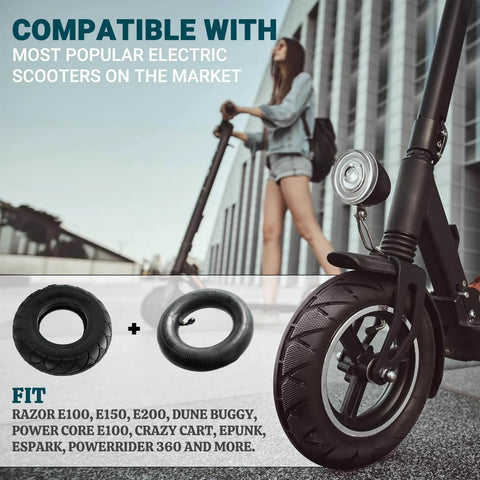 Woman standing beside electric scooter with 200X50 / 8" X 2" | 2 Tire & 2 Inner Tube Set, compatible with E100, E150, E200 models.
