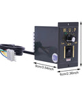 Control unit for 12 mm Gear Motor, showcasing WUP settings, wire connectors, dimensions, compatible for rotary equipment.
