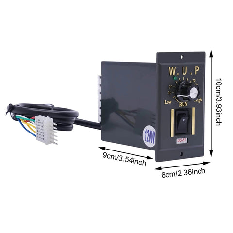 Control unit for 12 mm Gear Motor, showcasing WUP settings, wire connectors, dimensions, compatible for rotary equipment.