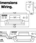 Diagram of Heavy Duty Electric Strike Door Lock 2200 Lbs ANSI Standard Model 300 Fail Secure Fail Safe 12VDC with dimensions and wiring.