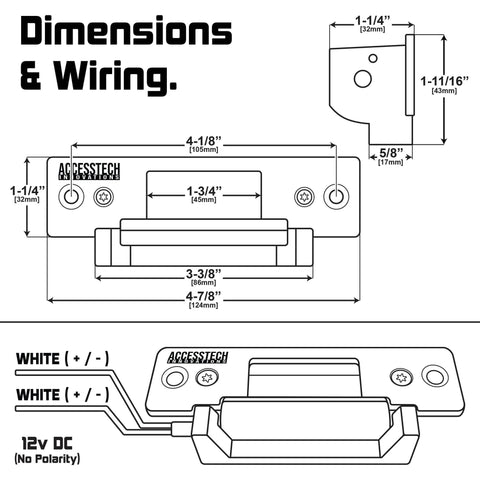 Diagram of Heavy Duty Electric Strike Door Lock 2200 Lbs ANSI Standard Model 300 Fail Secure Fail Safe 12VDC with dimensions and wiring.
