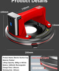 Electric Vacuum Suction Cup Lifter With 8 Inch Base, Heavy Duty 440 lbs Capacity, featuring dual rubber layers and detailed measurements.