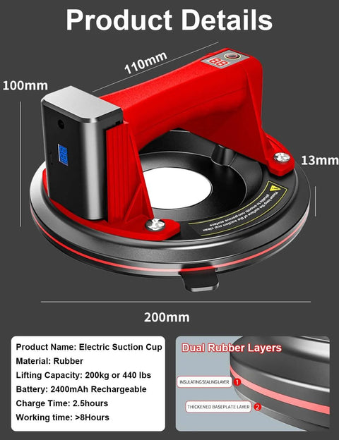 Electric Vacuum Suction Cup Lifter With 8 Inch Base, Heavy Duty 440 lbs Capacity, featuring dual rubber layers and detailed measurements.