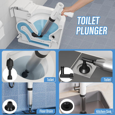 Electric Toilet Plunger That Clears Clogs Fast With 6 Bar Pressure And Built In Air Pump in action on toilets, sinks, and floor drains
