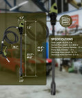 Specifications of TERA PUMP Electric Transfer Drum Pump for 55 Gallon Drums up to 275 Gallon IBC Totes displayed in a workshop setting.