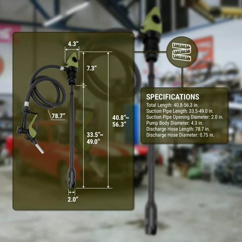 Specifications of TERA PUMP Electric Transfer Drum Pump for 55 Gallon Drums up to 275 Gallon IBC Totes displayed in a workshop setting.