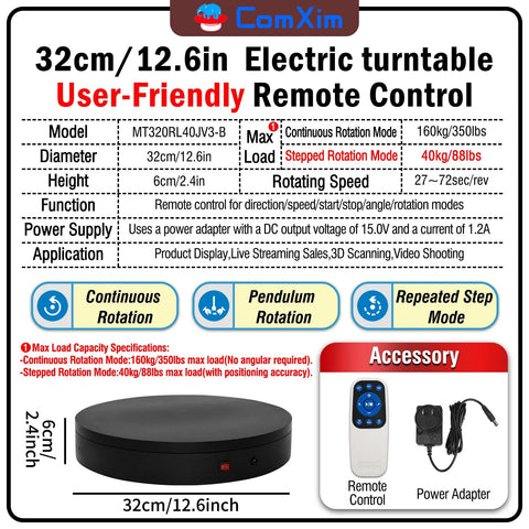 Electric Motorized Turntable 12.6 Inch Diameter Remote Controlled Rotating Display Stand for Photography and Exhibitions