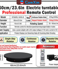 23.6 Inch Remote Motorized Turntable For Photography And 3D Scanning diagram with features and remote control accessories