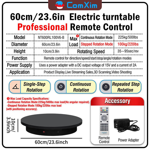 23.6 Inch Remote Motorized Turntable For Photography And 3D Scanning diagram with features and remote control accessories
