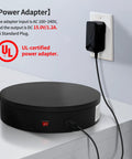 Electric Motorized Turntable 12.6 Inch Diameter Remote Controlled Rotating Display Stand, shown with power adapter connection
