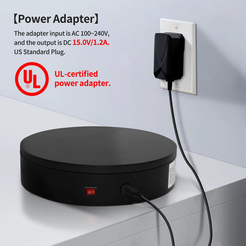 Electric Motorized Turntable 12.6 Inch Diameter Remote Controlled Rotating Display Stand, shown with power adapter connection