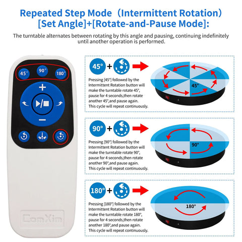 Remote control and rotation modes for Electric Motorized Turntable 12.6 Inch Diameter Remote Controlled Rotating Display Stand.