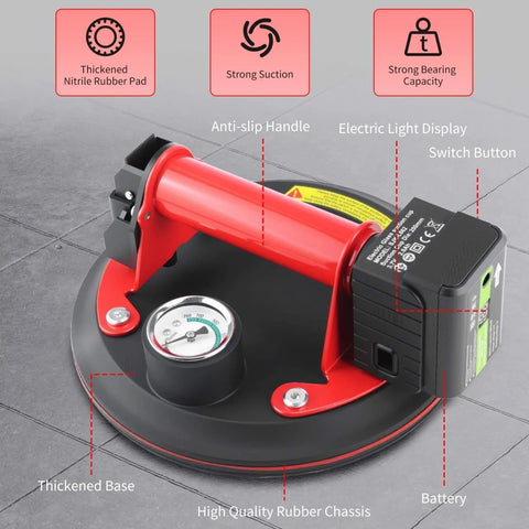 Glass Suction Cups Electric Vacuum Lifter With One Touch Eight Inch Auto Lift 440 Lbs Heavy Duty Gripper shown on gray surface