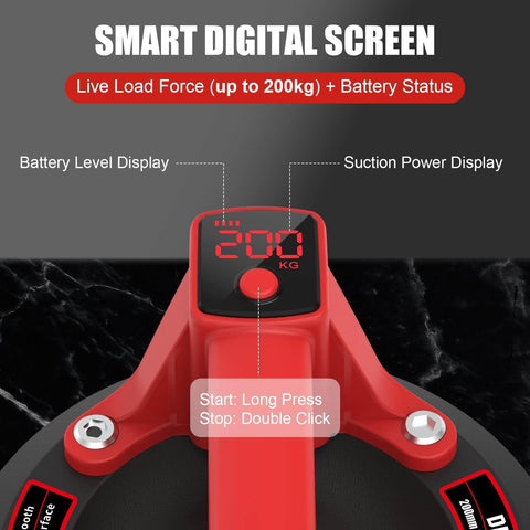 Smart digital screen of 8 Inch Electric Glass Vacuum Suction Cup Lifter, showing battery status and suction power display