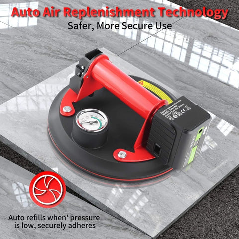 Glass Suction Cups Electric Vacuum Lifter With One Touch Eight Inch Auto Lift 440 Lbs Heavy Duty Gripper demonstrating usage on tile surface