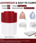 Lightweight 30W electric large storage bag vacuum pump with red top for compressing clothes and bedding, showing dimensions and usage tips.