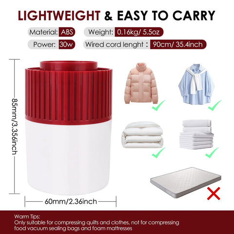 Lightweight 30W electric large storage bag vacuum pump with red top for compressing clothes and bedding, showing dimensions and usage tips.