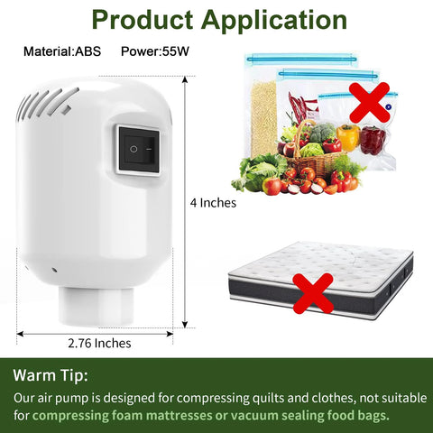 Electric Air Pump For Vacuum Storage Bags showing dimensions and usage note for compressing clothing, quilts, and blankets.
