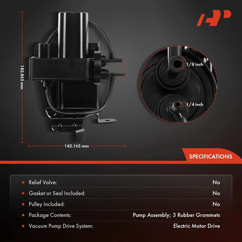 Electric Vacuum Pump Compatible With Ford F Series Super Duty And Dodge Ram Trucks 1999 To 2010, front view with measurements