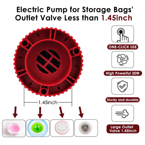 Red large storage bag vacuum pump with 1.45-inch valve, showcasing high power and durability features for effective air removal.