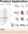 Electric Vacuum Pump For Bags Portable Quick Air Removal fits most vacuum seal bags; white ABS pump with clothing and bedding icons.