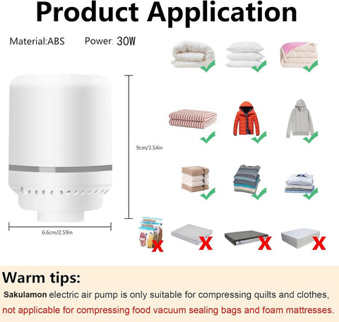 Electric Vacuum Pump For Bags Portable Quick Air Removal fits most vacuum seal bags; white ABS pump with clothing and bedding icons.