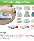 Product application of Electric Vacuum Pump For Storage Bags, shown compressing bedding and clothes, not for mattresses or food vacuum bags