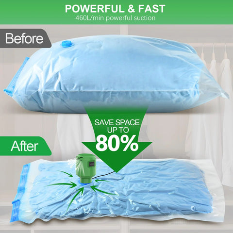 Effortless Electric Vacuum Pump For Storage Bags 55W 5000Pa compressing blue vacuum storage bag, before and after comparison