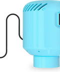 Blue electric air pump for vacuum storage bags, compact design with power cord, switch, and connector; perfect for clothes and linens.