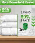 Electric Vacuum Pump For Storage Bags Portable Bag Pump 3X Faster Than Hand Pumps displayed beside compressed bedding bags