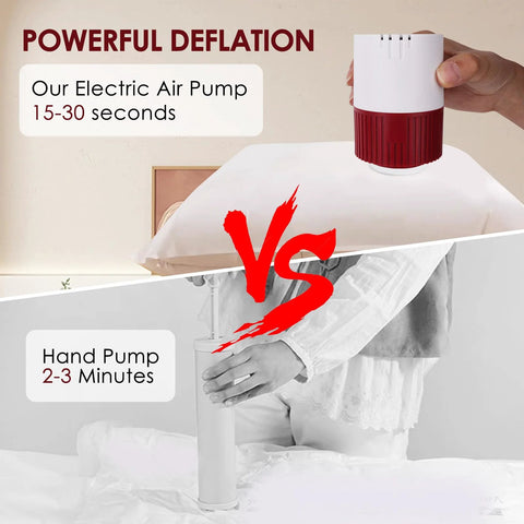 Comparison of large storage bag vacuum pump and hand pump for deflation time.