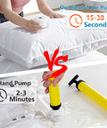 Comparison of electric vacuum pump for bags and hand pump, highlighting speed of quick air removal for storage, organization tool