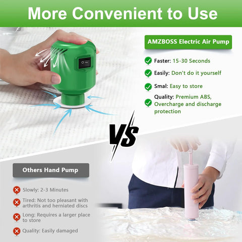 Comparison of green AMZBOSS Electric Vacuum Pump and pink hand pump, highlighting faster sealing time and ease of use.