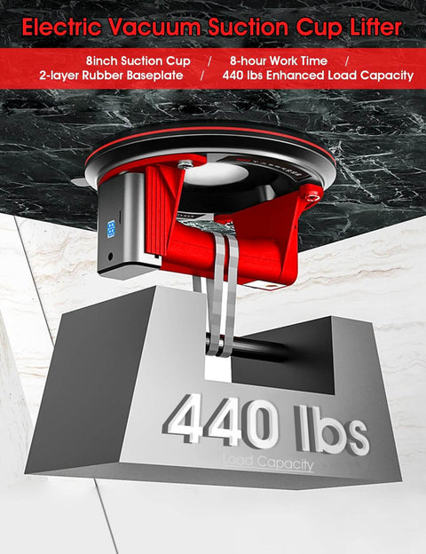 Electric Vacuum Suction Cup Lifter With 8 Inch Base lifting 440 lbs block, demonstrating capacity and industrial grip strength.
